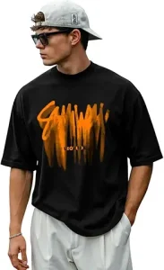 LEOTUDE Man Cotton Blend Graphic Print Round Neck Half Sleeve Drop Shoulder Oversized T Shirt (Color Navy Blue)