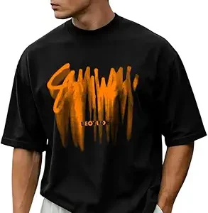 LEOTUDE Man Cotton Blend Graphic Print Round Neck Half Sleeve Drop Shoulder Oversized T Shirt (Color Navy Blue)