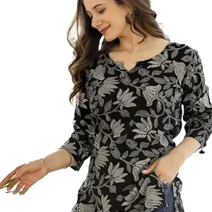 Women Floral Printed Rayon Short Kurta || Short Kurti For Women (Black)
